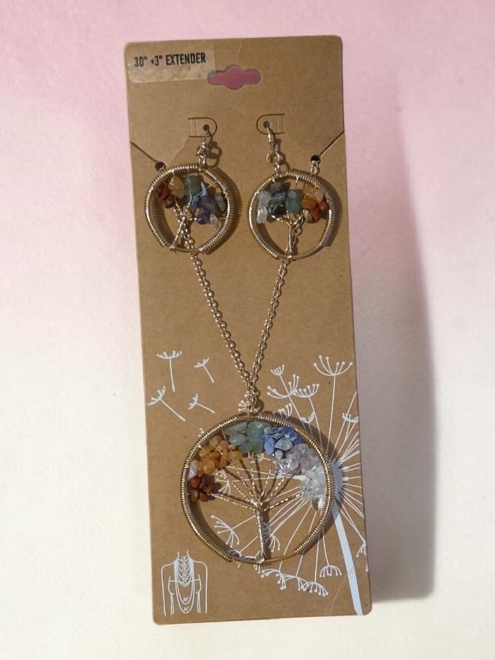 30" Necklace with A Wire Wrapped Pendant & Pair of Wire Wrapped Pierced Earrings